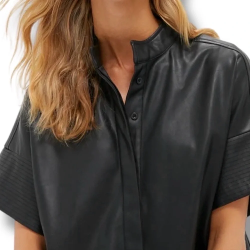 NEW Tuckernuck Sofia Shirt Faux Leather Trapunto Stitch Button Up Black M